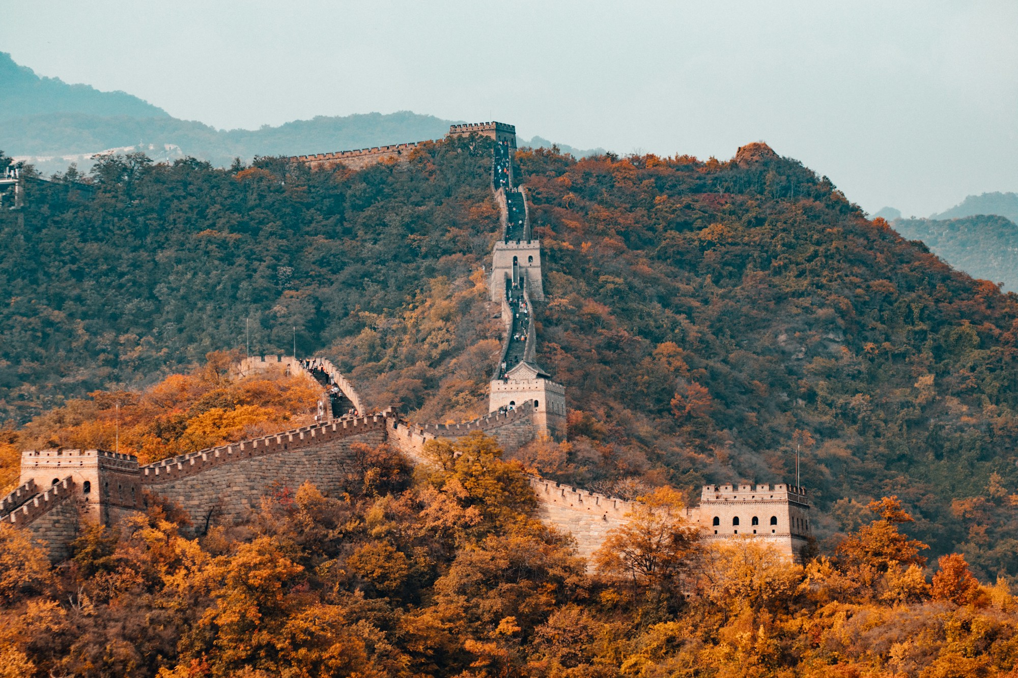 The Great Wall winding through autumn hills in China